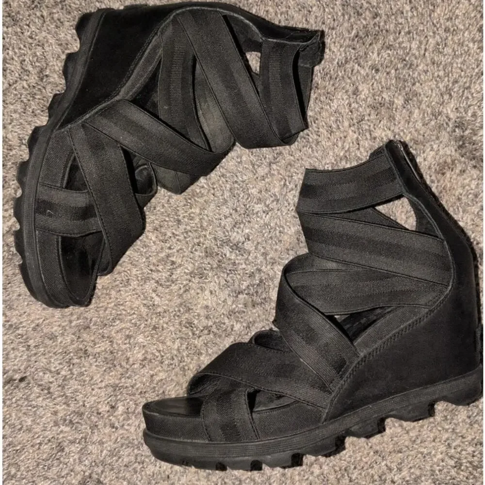 Sorel Joanie™ II Leather Wedge Heeled Sandal Size 9.5 Black EUC - Picture 4 of 6
